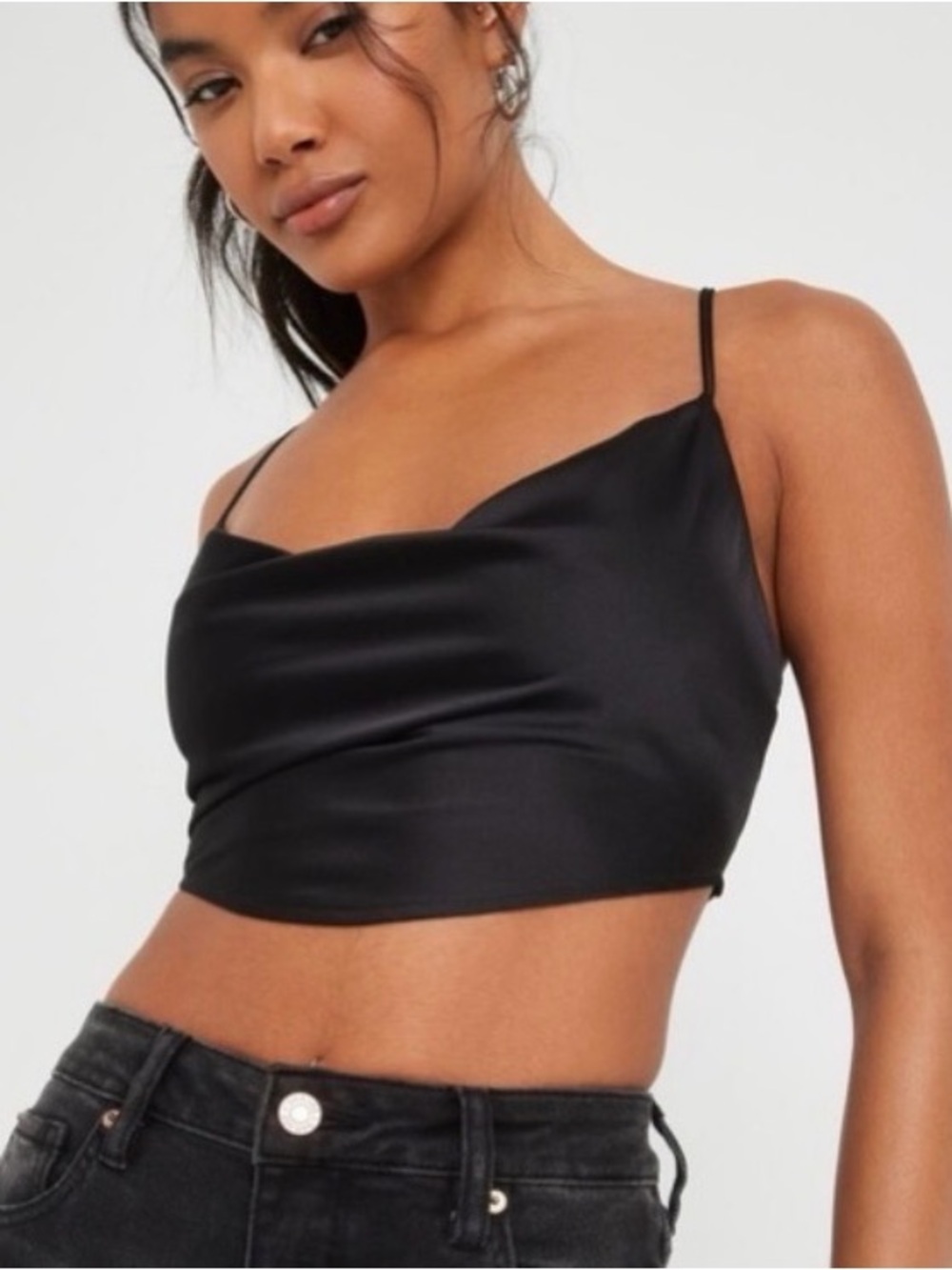 Garage Black Satin Cowl Neck Crop Top